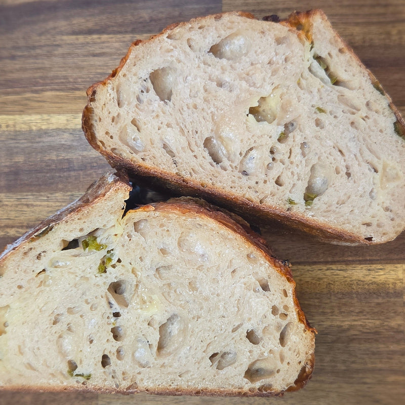 Bella Sourdough Jalapeno and Cheddar loaf sliced